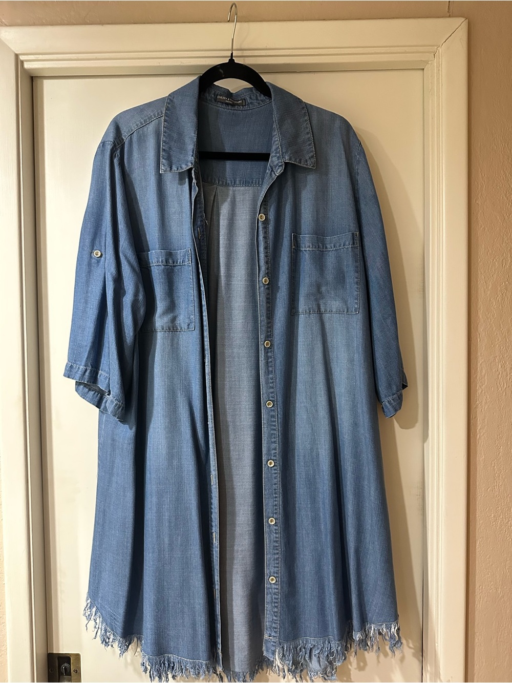 Chelsea & Theodore Light Wash Denim Shirt Dress with Frayed Hem